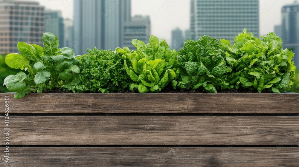 Fresh greens in a wooden planter against a city backdrop. Fresh greens in a wooden planter against a city backdrop.