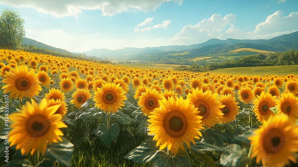 Fototapeta premium Endless Field of Bright Yellow Sunflowers Under Blue Sky, Radiating Joy and Warmth in Summer Countryside