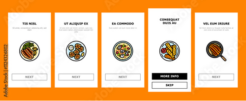 fish dishes onboarding mobile vector chips ceviche tacos baked cod curry pie poached soup stew kebabs blackened cakes fish dishes illustrations