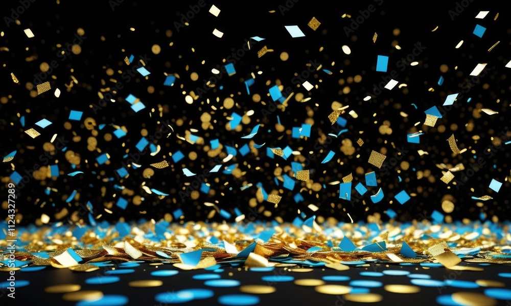 Fototapeta premium Vibrant confetti explosion with gold and blue particles on black background
