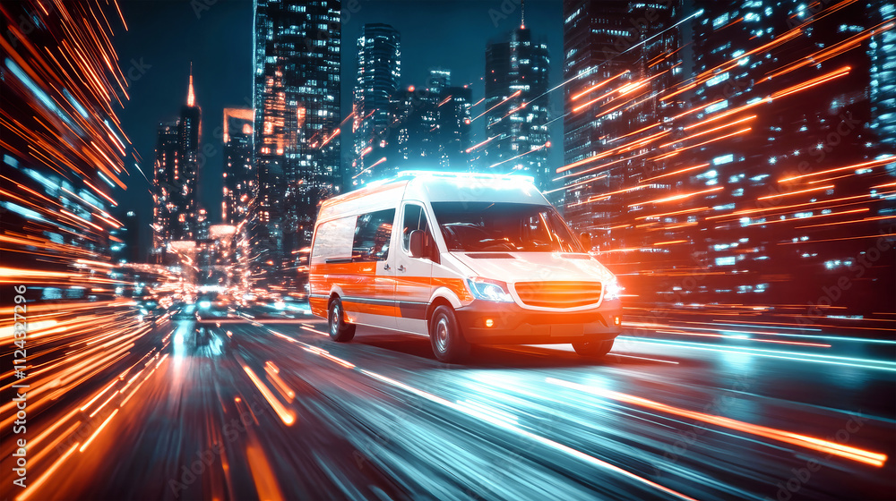 Emergency response vehicle rushes through a futuristic neon cityscape showcasing advanced medical care in motion Emergency response vehicle rushes through a futuristic neon cityscape showcasing advanced medical care in motion