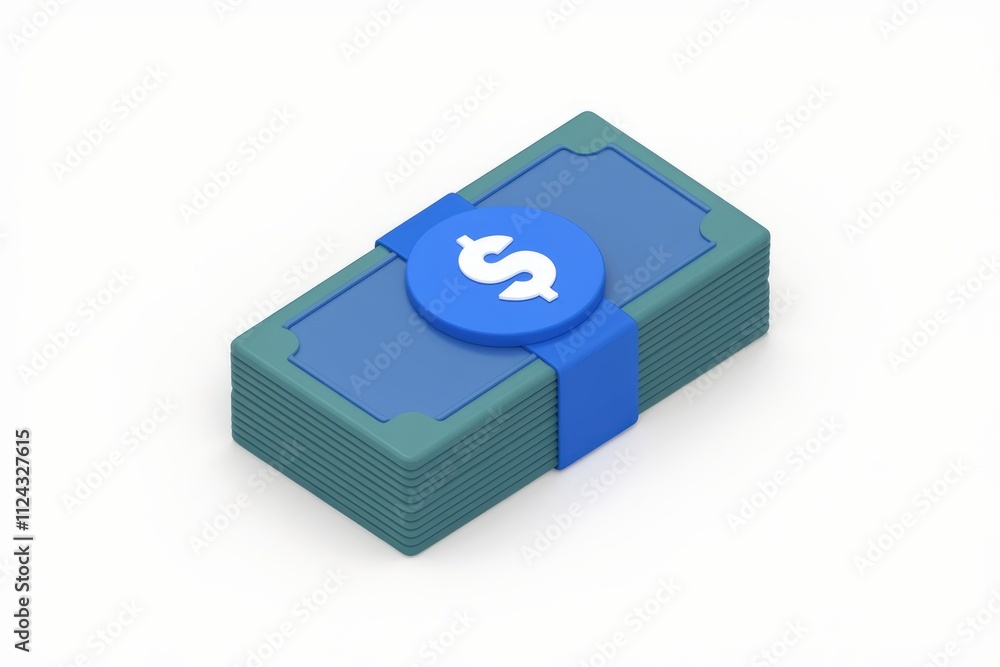 A 3D render of a stack of money bundled with a blue band and dollar sign. A 3D render of a stack of money bundled with a blue band and dollar sign.