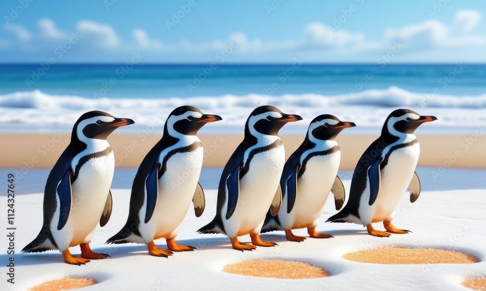 Obraz premium Five penguins standing on sunny beach with ocean waves