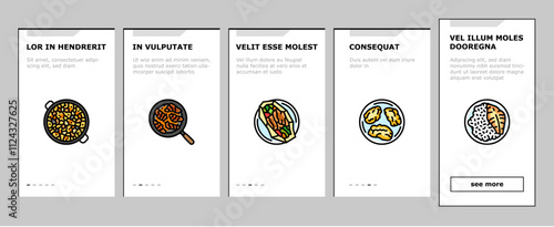 fish dishes onboarding mobile vector chips ceviche tacos baked cod curry pie poached soup stew kebabs blackened cakes fish dishes illustrations