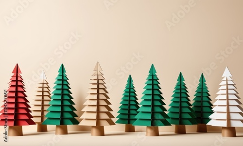 Colorful paper craft christmas trees in a modern minimalist style