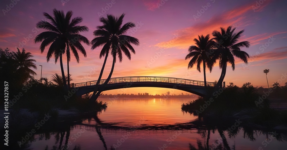 Palm trees and a colorful sunset near a Florida bridge at night, shadows , florida, dark