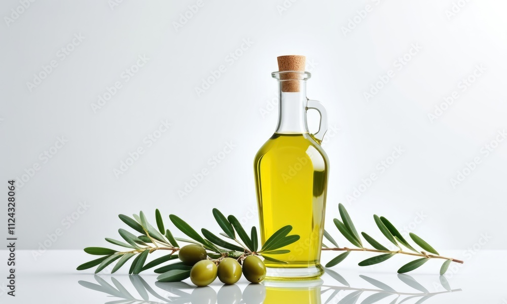 Olive oil bottle with branch and olives on reflective surface Olive oil bottle with branch and olives on reflective surface
