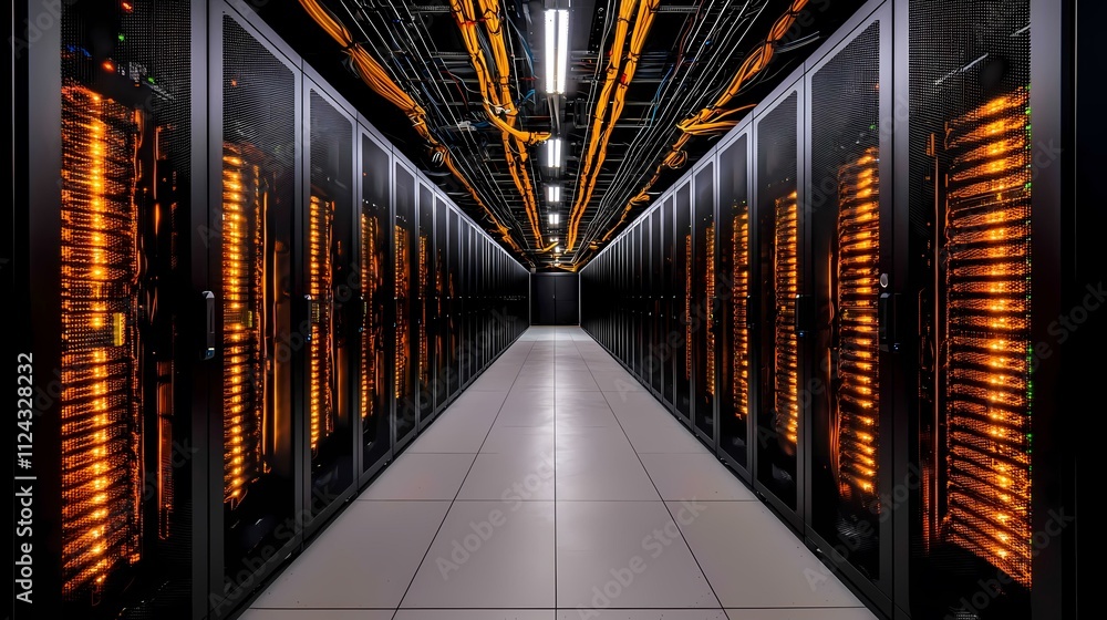 Fototapeta premium The image shows a long corridor in a server room, lined on both sides with rows of brightly lit server racks. Numerous orange-glowing lights within the server racks illuminate the space, creating a
