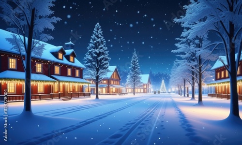 Peaceful snowy winter village at night with festive lights and falling snowflakes