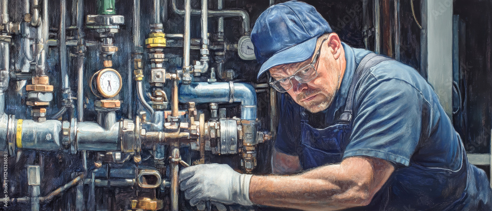 Focused plumber expertly installs water pipes in a rustic workshop filled with tools and machinery Focused plumber expertly installs water pipes in a rustic workshop filled with tools and machinery