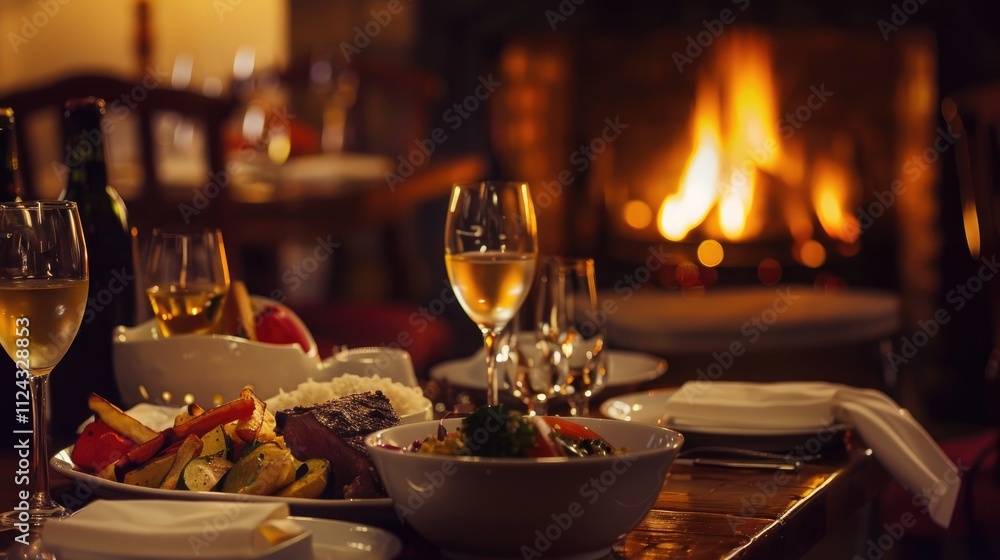 Cozy Christmas DinnerScene, Dining Table bathed in Warm Ambient Lighting, Piled with Sumptuous Fare, Fireplace Crackle Adding to Intimate Ambiance. Cozy Christmas DinnerScene, Dining Table bathed in Warm Ambient Lighting, Piled with Sumptuous Fare, Fireplace Crackle Adding to Intimate Ambiance.