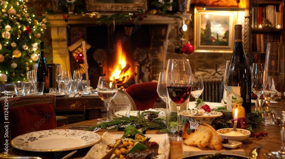 Fototapeta premium Cozy Christmas DinnerScene, Dining Table bathed in Warm Ambient Lighting, Piled with Sumptuous Fare, Fireplace Crackle Adding to Intimate Ambiance. 