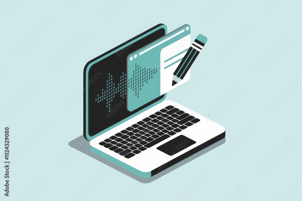 Laptop screen displays a sound wave and a notepad with a pencil, symbolizing audio editing or content creation. Laptop screen displays a sound wave and a notepad with a pencil, symbolizing audio editing or content creation.