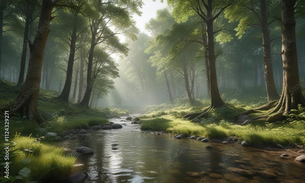 Serene forest glade with towering trees and a babbling brook, idyllic, tree Serene forest glade with towering trees and a babbling brook, idyllic, tree