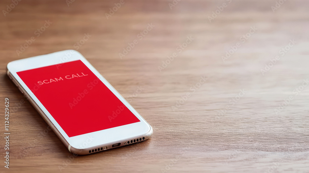 Spam call protection concept , Smartphone with a red screen resting on a wooden table. Spam call protection concept , Smartphone with a red screen resting on a wooden table.