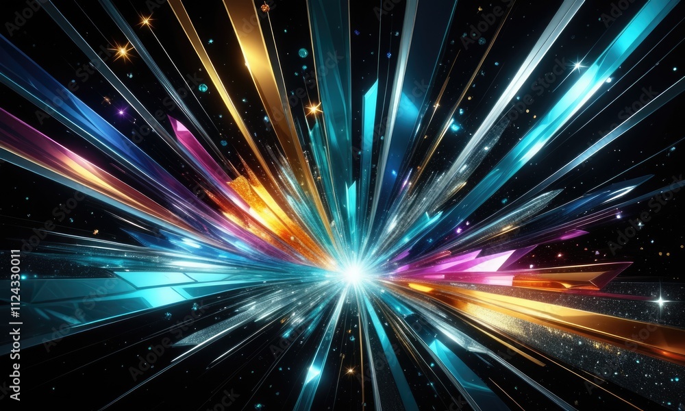 Fototapeta premium Colorful abstract light burst with geometric shapes and stars