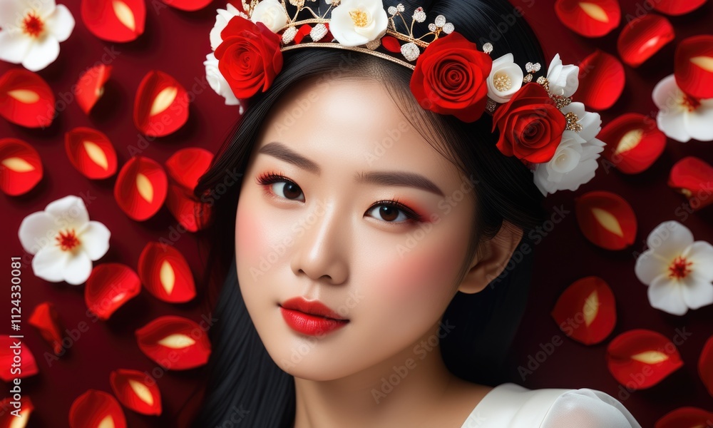Elegant woman with floral crown surrounded by rose petals Elegant woman with floral crown surrounded by rose petals