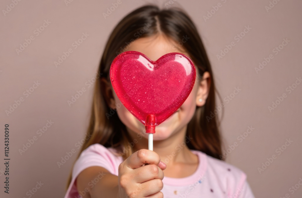 Girl holding pink heart shape candy lollipop, share sends love. Valentine's day concept. Girl holding pink heart shape candy lollipop, share sends love. Valentine's day concept.