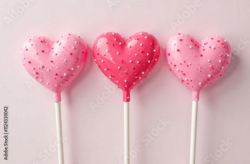 Three lollipop candy with heart shaped on pink background. photo