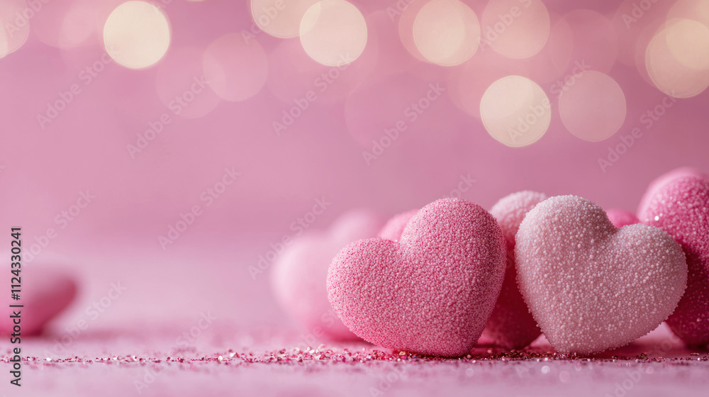 Fototapeta premium Hearts on a pink background with bokeh. Greeting card, Valentine's Day concept.