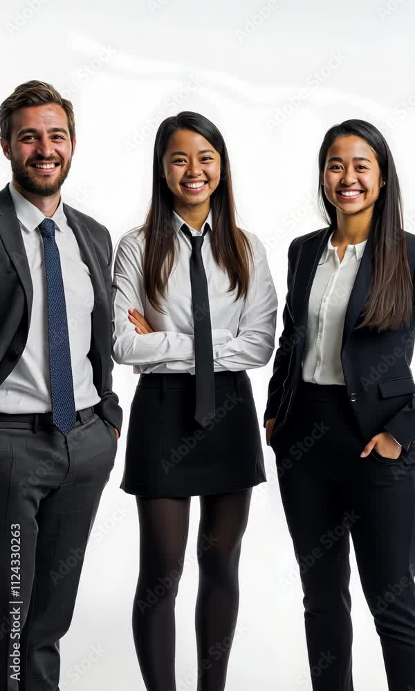 Three women and a man are posing for a photo in business attire Three women and a man are posing for a photo in business attire