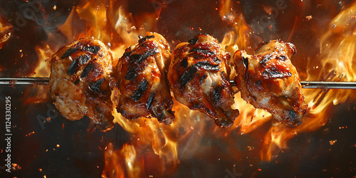 Grilled Rotisserie Chicken with Flames Barbecue Cooking Concept
