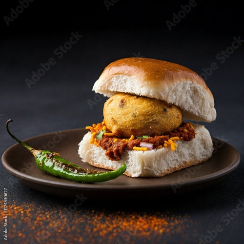 A detailed view of Mumbai’s famous Vada Pav with its crispy vada, toasted pav buns, green chutney, and a side of fried green chilies, capturing the heart of Indian street food photo