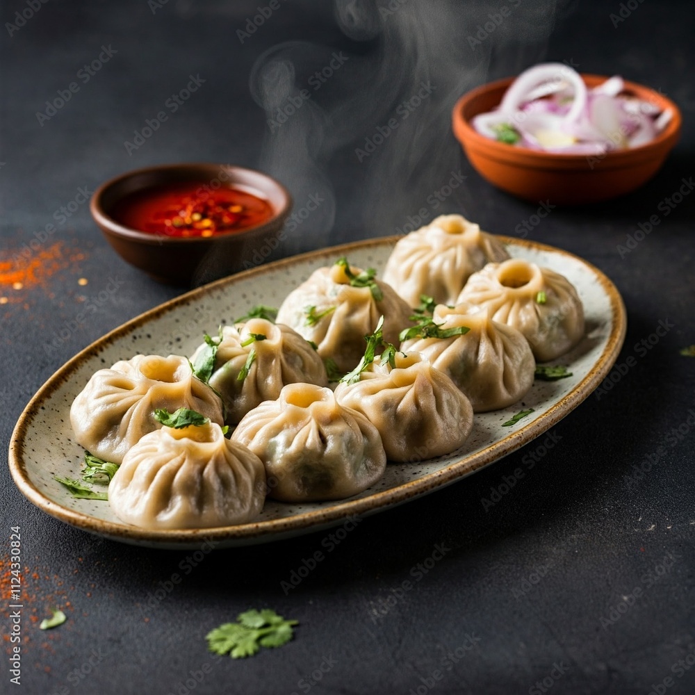 A plate of juicy chicken momos with perfectly pleated steamed wrappers, served alongside spicy red chutney and garnished with coriander leaves and a sprinkle of chili powder A plate of juicy chicken momos with perfectly pleated steamed wrappers, served alongside spicy red chutney and garnished with coriander leaves and a sprinkle of chili powder