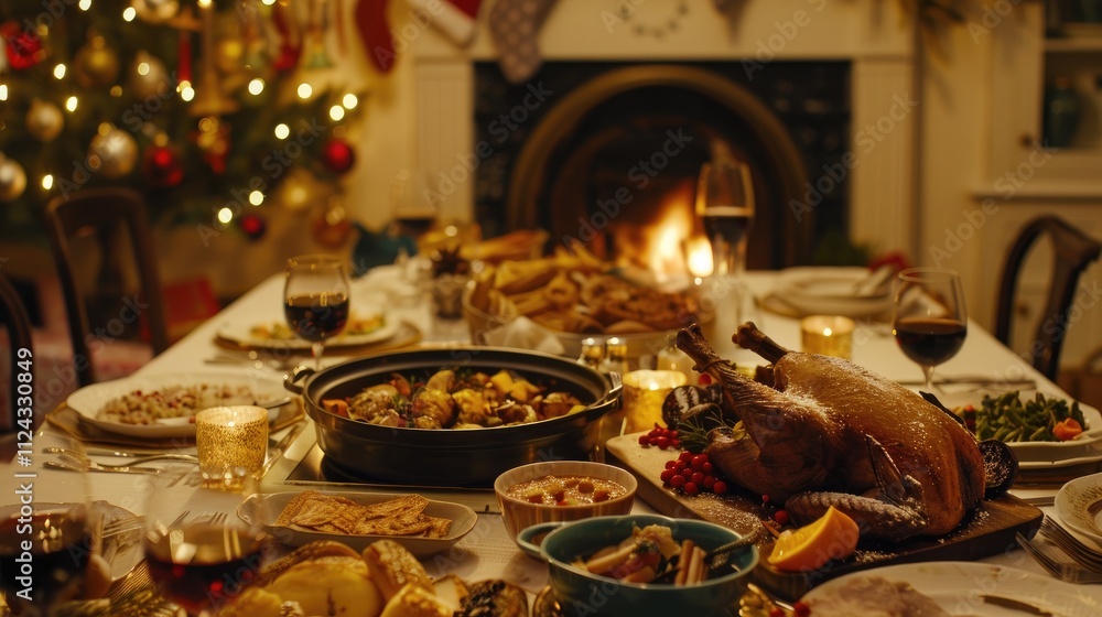Cozy Christmas DinnerScene, Dining Table bathed in Warm Ambient Lighting, Piled with Sumptuous Fare, Fireplace Crackle Adding to Intimate Ambiance. Cozy Christmas DinnerScene, Dining Table bathed in Warm Ambient Lighting, Piled with Sumptuous Fare, Fireplace Crackle Adding to Intimate Ambiance.