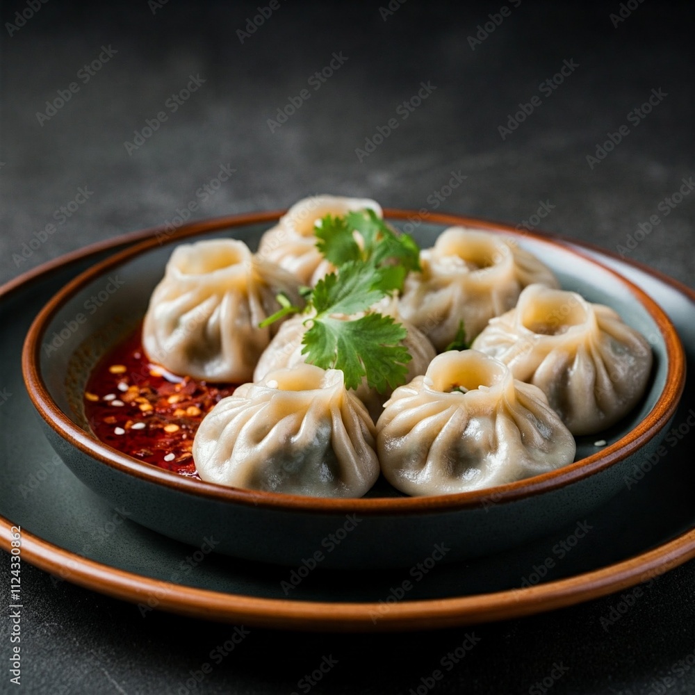 A close-up view of a plate of steamed momos served with a spicy red chutney, showcasing their soft, glossy wrappers and flavorful filling, garnished with fresh herbs and chili flakes A close-up view of a plate of steamed momos served with a spicy red chutney, showcasing their soft, glossy wrappers and flavorful filling, garnished with fresh herbs and chili flakes
