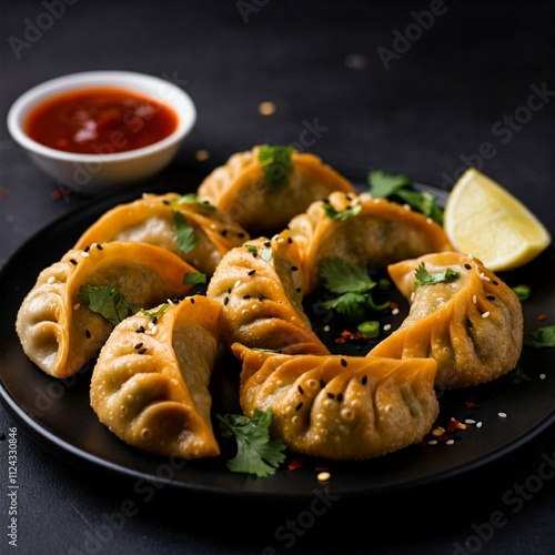 A mouthwatering display of fried momos with golden, crispy wrappers, served with spicy red chutney and garnished with fresh coriander, chili flakes, and a hint of lemon