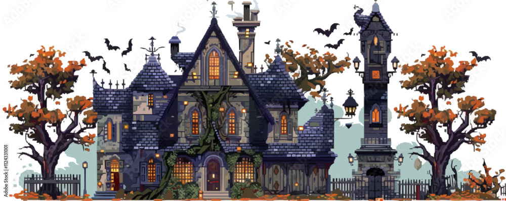 Obraz premium Design pixel art of a spooky haunted house, pixel art on white isolated background, vector design.