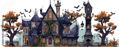 Design pixel art of a spooky haunted house, pixel art on white isolated background, vector design.