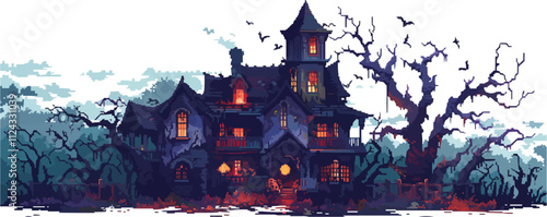 Design pixel art of a spooky haunted house, pixel art on white isolated background, vector design.