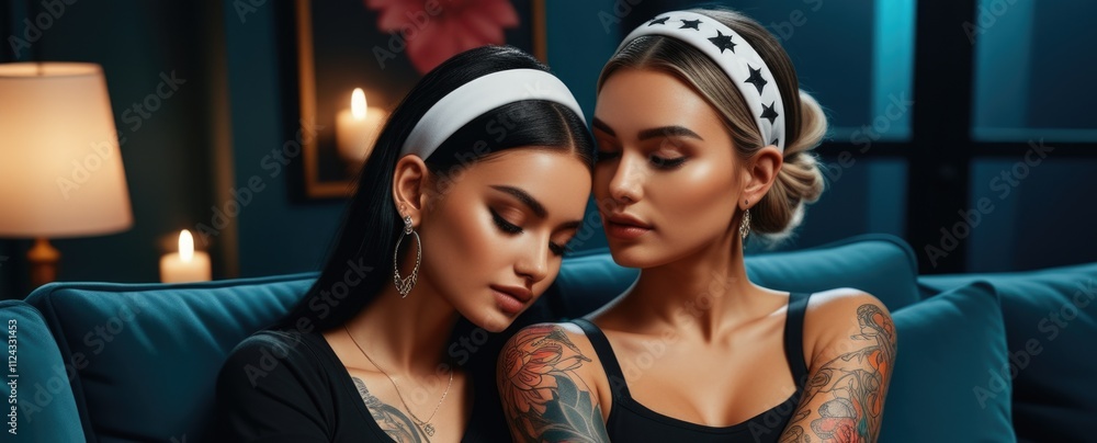 Elegant women with tattoos relaxing in cozy candlelit room Elegant women with tattoos relaxing in cozy candlelit room