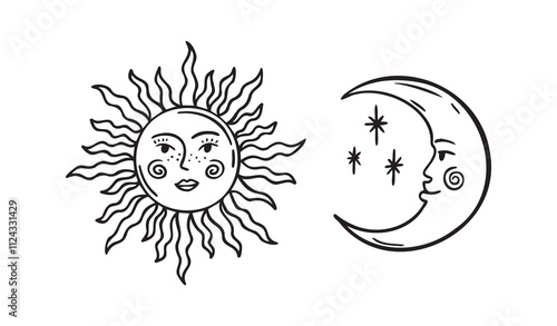 Moon and sun faces outline, set of beautiful mystical cartoon doodle elements, sunshine and crescent cosmic symbols. Sun and moon whimsical boho style