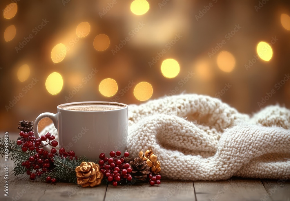 Cozy Cup of Hot Beverage on a Wooden Table Surrounded by Warm Knit Blanket, Pine Cones, Red Berries, and Soft Blurred Holiday Lights in a Festive Setting Cozy Cup of Hot Beverage on a Wooden Table Surrounded by Warm Knit Blanket, Pine Cones, Red Berries, and Soft Blurred Holiday Lights in a Festive Setting