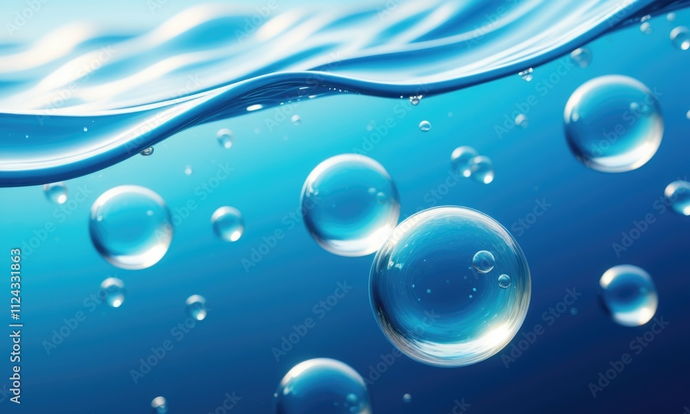 Crystal clear water bubbles dancing in a refreshing aqua wave Crystal clear water bubbles dancing in a refreshing aqua wave