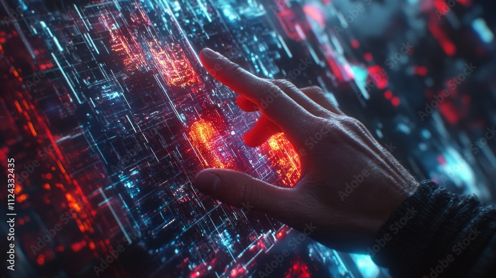 A hand reaches out to touch a vibrant, glowing digital interface filled with intricate patterns and lights, suggesting advanced technology and innovation A hand reaches out to touch a vibrant, glowing digital interface filled with intricate patterns and lights, suggesting advanced technology and innovation