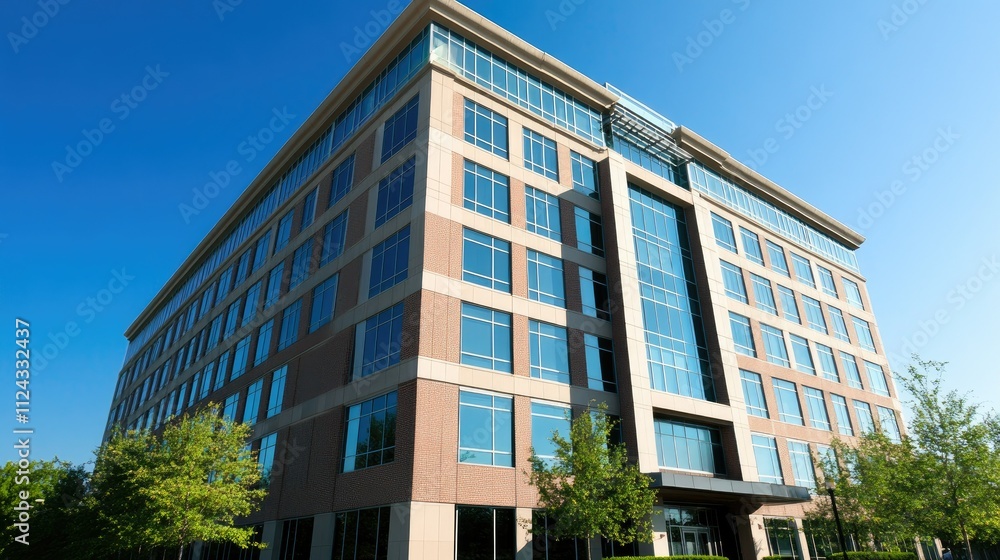 Modern Corporate Building with Glass Windows and Clear Blue Sky, Surrounded by Green Trees in an Urban Business District, Highlighting Contemporary Architecture Modern Corporate Building with Glass Windows and Clear Blue Sky, Surrounded by Green Trees in an Urban Business District, Highlighting Contemporary Architecture