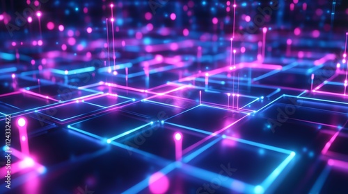 A 3D render of a futuristic, abstract scene with a black background, glowing blue and pink neon lights.