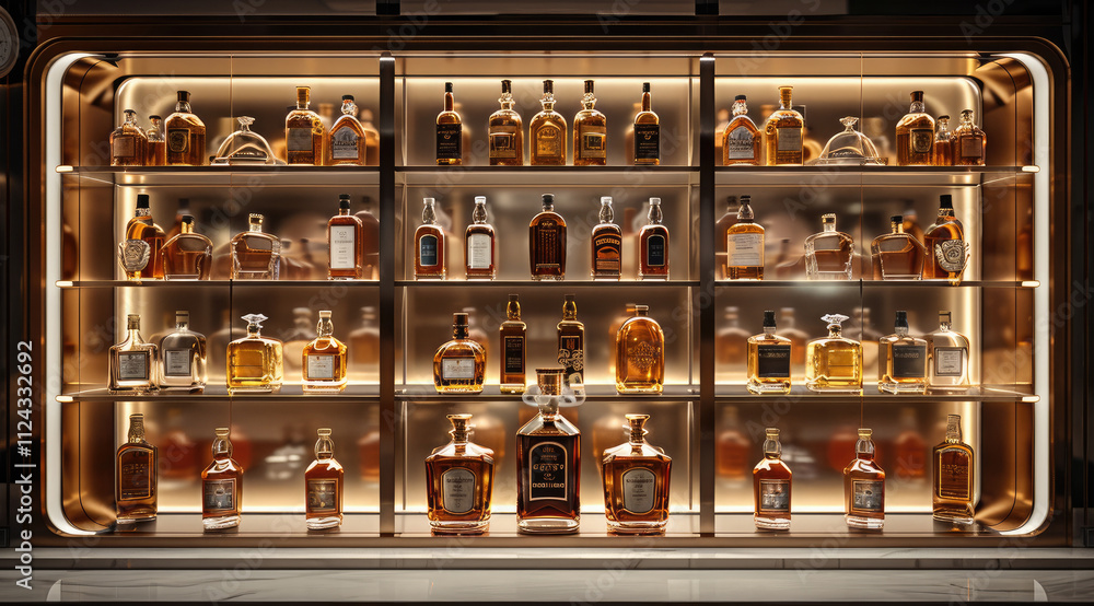 An elegant display case with golden metal frame, filled with bottles of whiskey and glasses, set against the backdrop of an open space interior design.