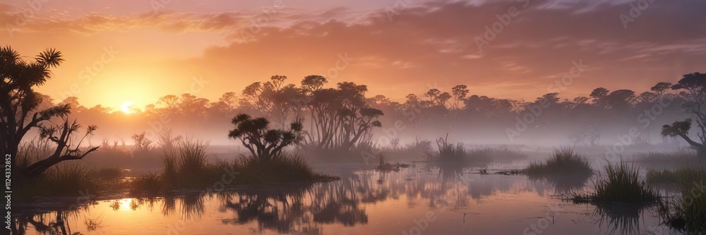 The misty veil of dawn lifted over the Laguna Formosa wetlands, mist clearing, landscape at sunrise, wetlands The misty veil of dawn lifted over the Laguna Formosa wetlands, mist clearing, landscape at sunrise, wetlands