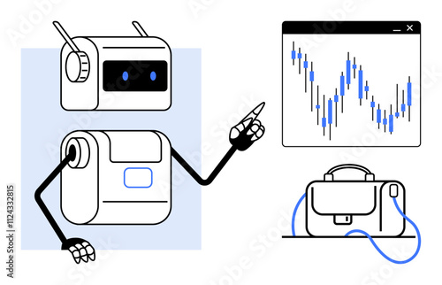 Robot analyzing financial graph, pointing at chart with blue and black lines. Briefcase nearby representing business integration. Ideal for finance, AI, business strategy, technology, stock market