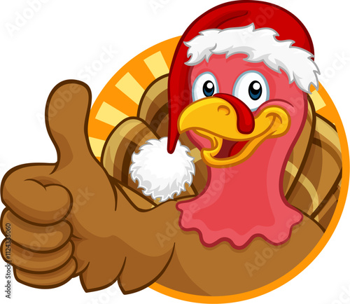 Turkey Christmas or Thanksgiving Holiday cartoon character wearing a Santa Claus hat