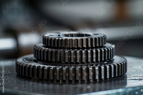 Detailed close-up of three metallic gears stacked, showcasing precision engineering. photo