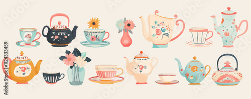 Detailed illustration of a vintage tea party with ornate teapots, cups, and saucers, flat, vector illustration, vintage hand drawn.
