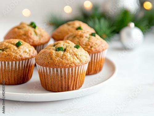 Zucchini Nut Muffins on Festive Plate for Christmas, Hanukkah, and Thanksgiving - Rustic Holiday Baking photo