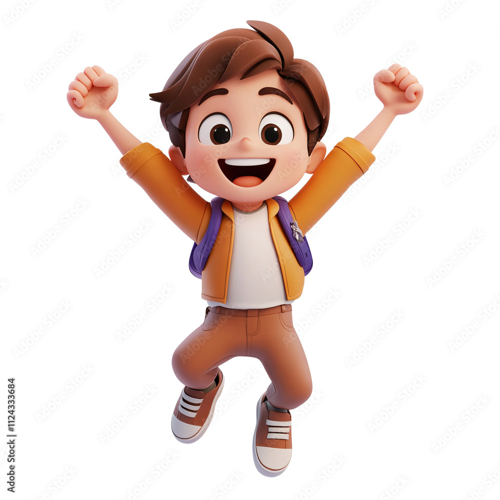 Excited boy jumping with joy, cheerful 3D character isolated on transparent background. Excited boy jumping with joy, cheerful 3D character isolated on transparent background.