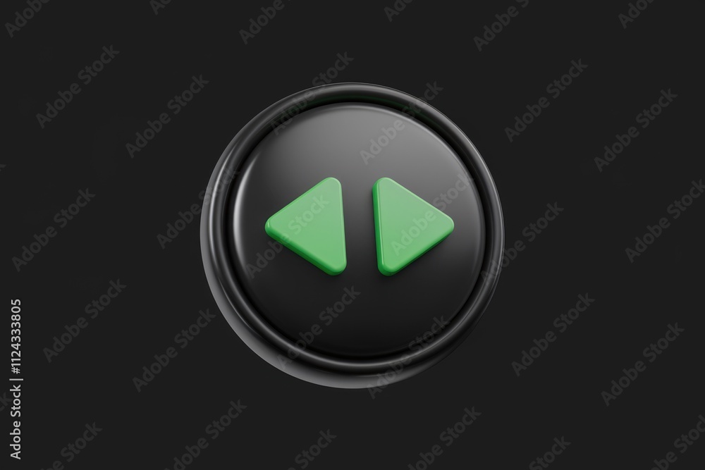 3D render of a black circular button with two green triangular arrows indicating backward and forward. 3D render of a black circular button with two green triangular arrows indicating backward and forward.